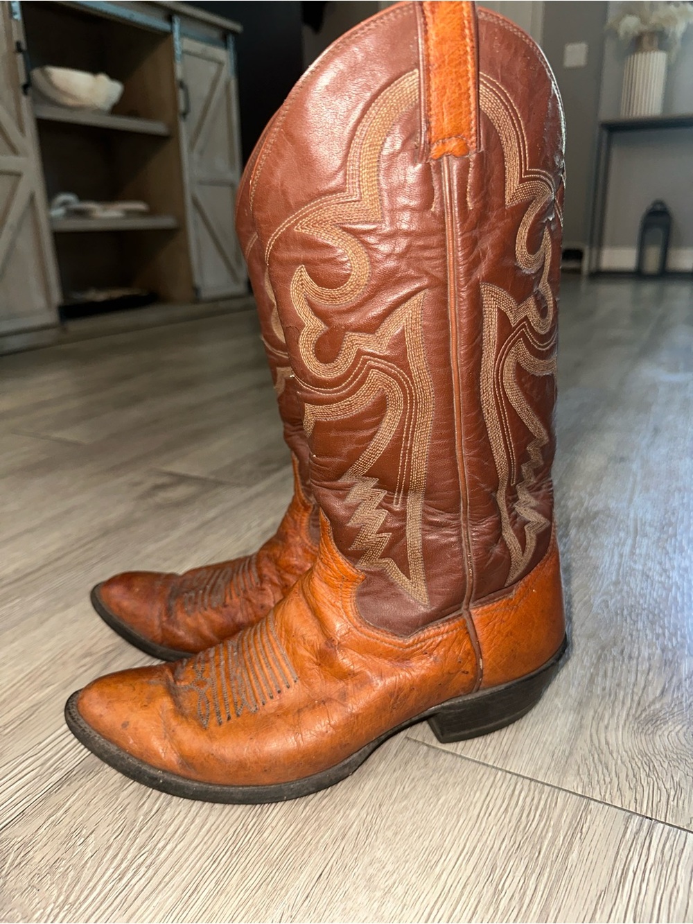 PANHANDLE SLIM Mens Cowboy Boot Cognac Brown Full Quill Ostrich Leather Sz 8.5D